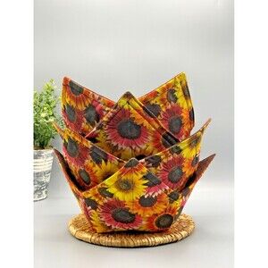 Lot of 5 Microwave Soup Bowl Cozy: Yellow Pink Red Brown Reversible Bowl Cozy